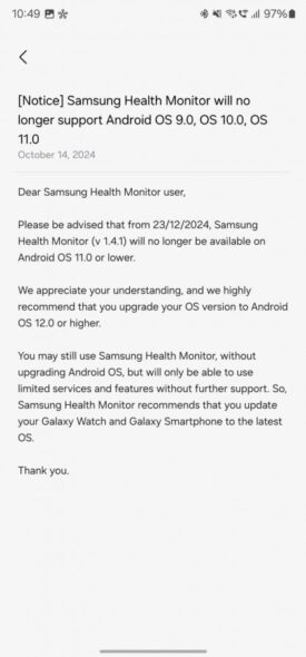 Samsung Health Monitor fine supporto Android 11 o inferiori